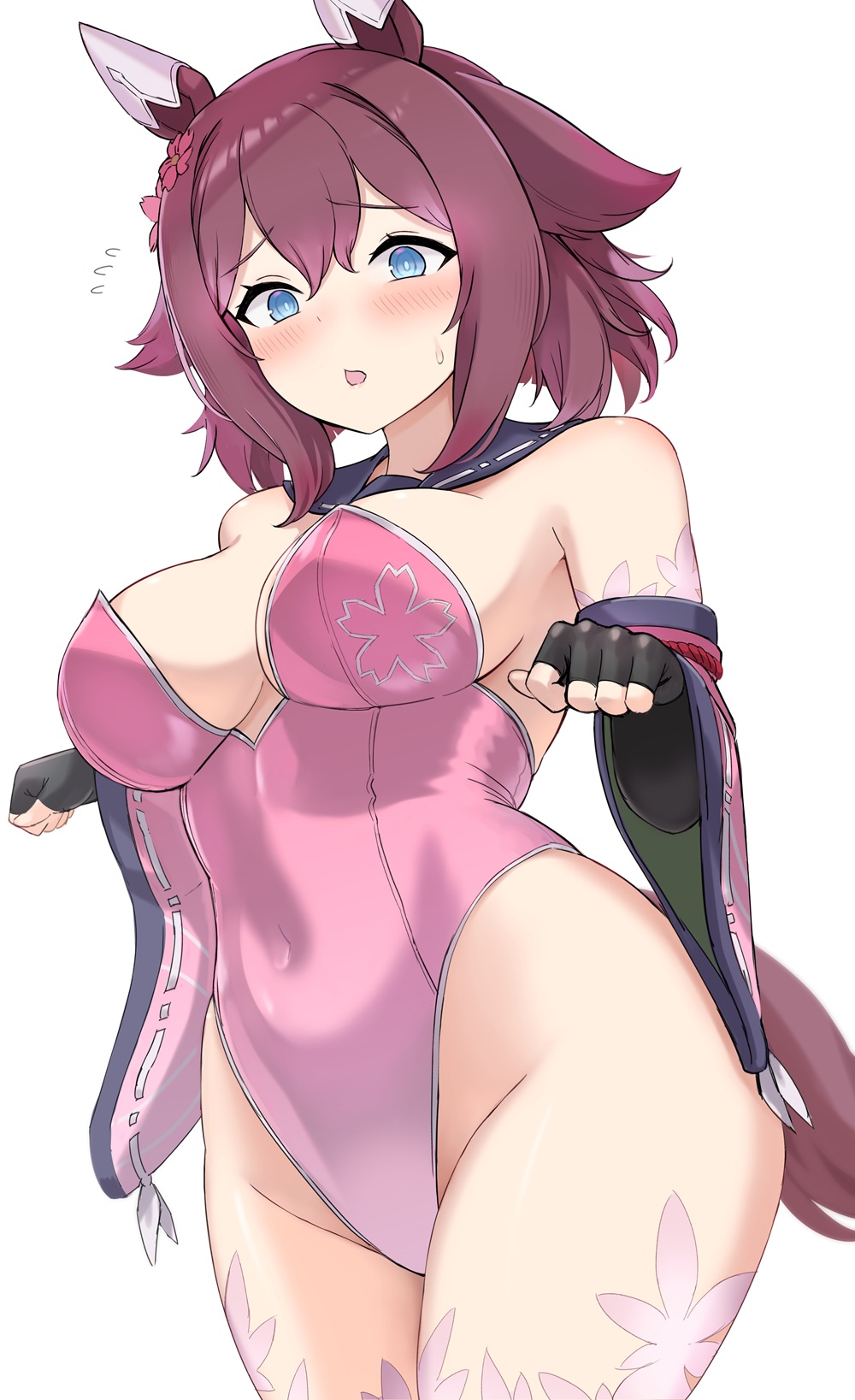 1girl animal_ears black_gloves blue_eyes blush breasts cleavage commentary_request covered_navel detached_sleeves ear_covers enumiyaa fingerless_gloves gloves highres horse_ears horse_girl leotard medium_breasts pink_leotard pink_sleeves playboy_bunny sakura_chiyono_o_(umamusume) short_hair simple_background solo thighs umamusume white_background wide_sleeves