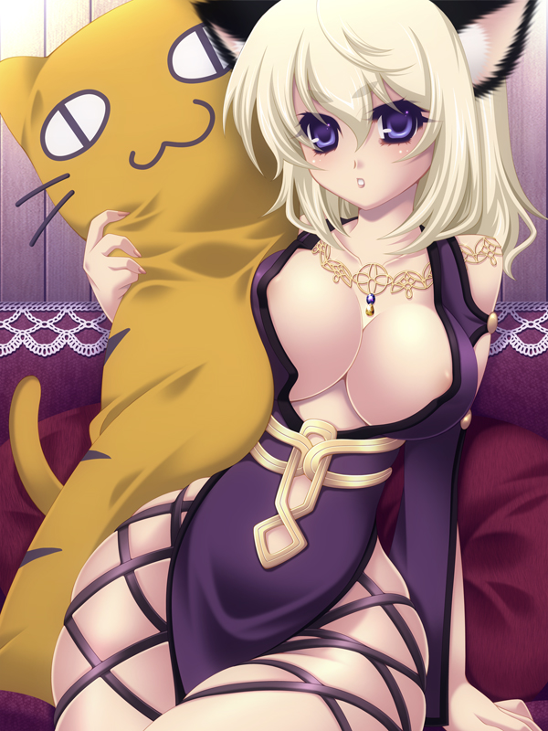 1girl animal_ear_fluff animal_ears areola_slip blonde_hair blue_eyes body_pillow breasts cat_ears collarbone dress gold_necklace hair_between_eyes hakoiri_nyanko holding holding_pillow jewelry large_breasts long_hair mabinogi necklace parted_lips pillow player_character_(mabinogi) purple_dress skindentation solo thick_eyebrows weird_cat