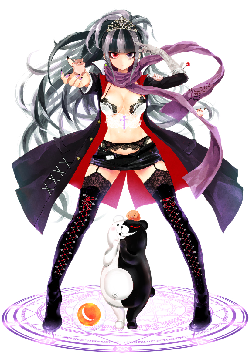 10s 1girl animal bad_id bad_pixiv_id boots bra breasts cham-p chuunibyou cleavage crown danganronpa_(series) danganronpa_2:_goodbye_despair facial_mark fake_nails female_focus garter_belt genderswap genderswap_(mtf) grey_eyes grey_hair hamster heterochromia highres jacket jum-p koshika_rina maga-g medium_breasts midriff monokuma multicolored_hair nail_polish navel open_clothes open_jacket pentagram purple_eyes red_eyes scarf skirt solo sun-d tanaka_gundam tanaka_gundham thigh_boots thighhighs two-tone_hair underwear white_hair