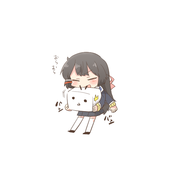 1girl :d ^^^ afterimage black_hair black_jacket black_shoes black_skirt blush braid brown_sweater chibi closed_eyes full_body hair_ornament hair_ribbon hairclip jacket long_hair niconico nijisanji open_mouth pink_ribbon pleated_skirt rebecca_(keinelove) ribbon shoes simple_background skirt smile solo sweater terebi-chan thighhighs translation_request tsukino_mito tsukino_mito_(1st_costume) v-shaped_eyebrows very_long_hair virtual_youtuber white_background white_thighhighs
