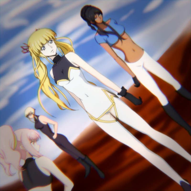 4girls anya_alstreim bad_id bad_pixiv_id black_hair blonde_hair blue_eyes blush boots breasts code_geass dark-skinned_female dark_skin dorothea_ernst hair_ornament hair_ribbon large_breasts long_hair medium_breasts midriff monica_kruszewski multiple_girls navel nonette_enneagram pink_hair ribbon small_breasts standing thigh_boots thighhighs twintails