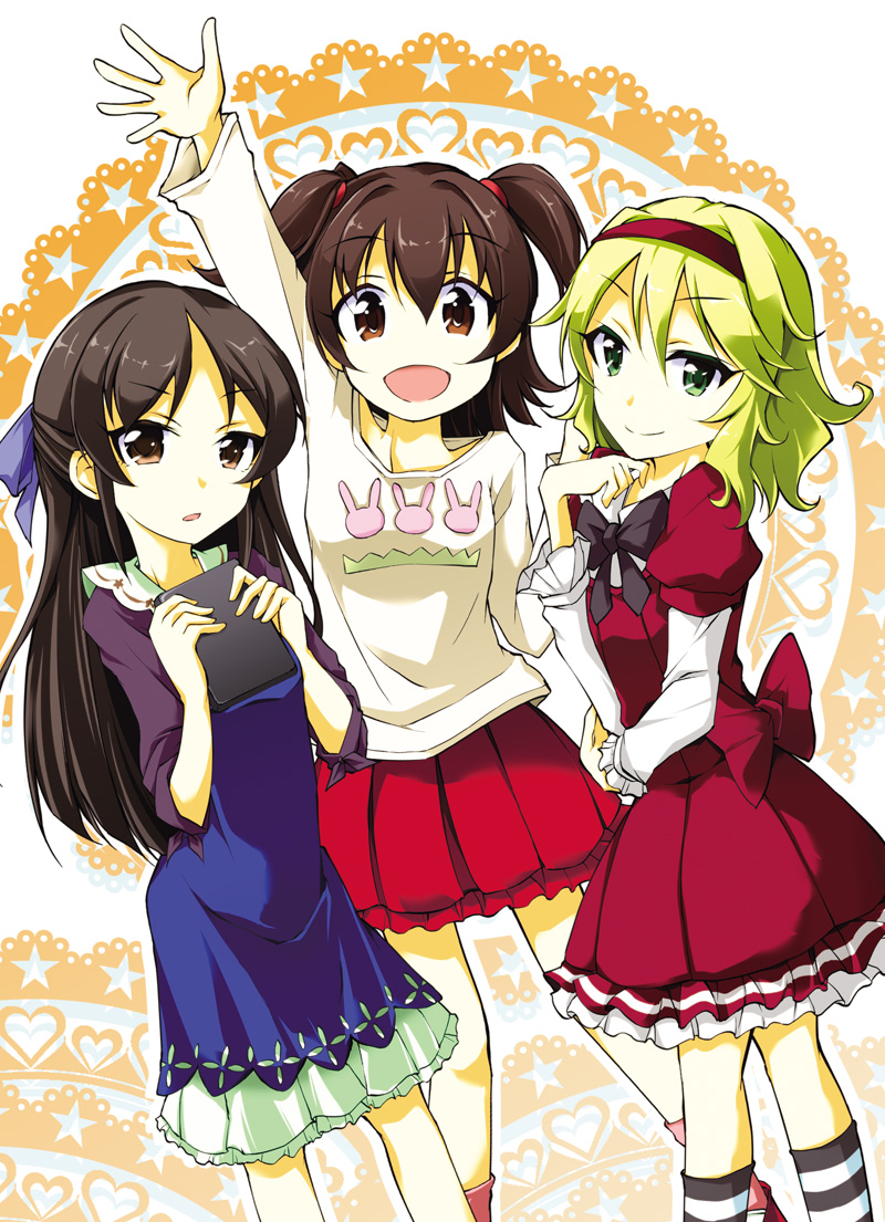 10s 3girls akagi_miria animal_print arm_up blonde_hair blouse book bow brown_eyes brown_hair comic cover cover_page dress green_eyes hair_bow hair_ribbon hairband hand_on_own_elbow heart holding holding_book idolmaster idolmaster_cinderella_girls kurinton long_hair multiple_girls pinafore_dress rabbit_print red_eyes red_skirt ribbon sakurai_momoka shirt short_hair short_twintails sidelocks skirt sleeveless_dress star_(symbol) t-shirt tachibana_arisu twintails two_side_up