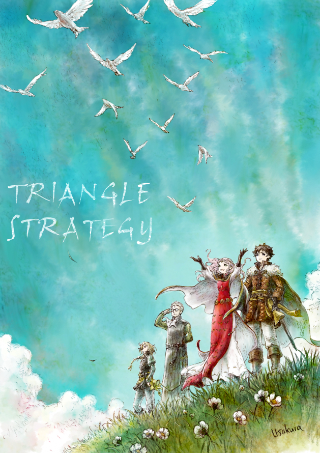 1girl 3boys adjusting_eyewear artist_name belt benedict_pascal bird boots cape cloud commentary_request copyright_name dress flower frederica_aesfrost glasses gloves grass long_hair looking_afar multiple_boys outdoors pink_hair roland_glenbrook serenoa_wolffort sky standing sword triangle_strategy usakura weapon