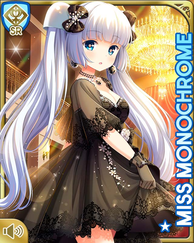 1girl black_bow black_dress black_footwear blue_eyes blunt_bangs bow card chandelier character_name dress girlfriend_(kari) hair_bow indoors mansion miss_monochrome miss_monochrome_(character) night official_art open_mouth qp:flapper solo standing tagme twintails white_hair