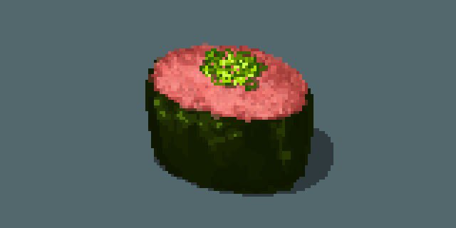food food_focus green_background gunkanmaki hisachan55cute no_humans nori_(seaweed) original pixel_art scenery shadow simple_background sushi wasabi