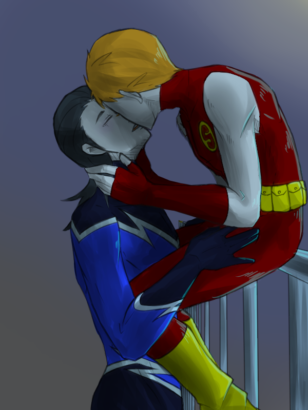 2boys aqua_lad black_hair dc_comics fingerless_gloves garth gloves kiss male_focus multiple_boys orange_hair pixiv_sample roy_harper shoes sitting sleeveless speedy teen_titans yaoi yellow_footwear