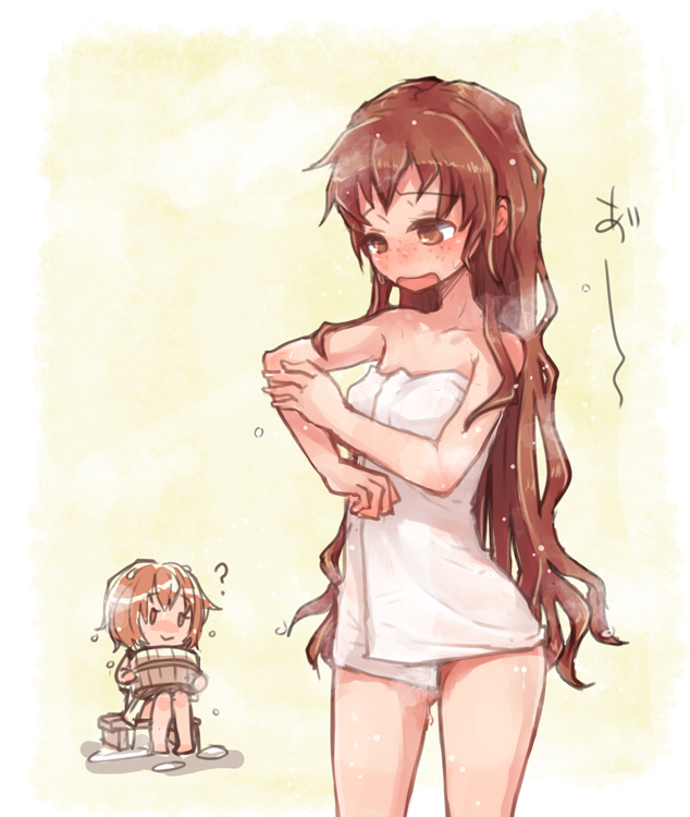 2girls ? barefoot blush brown_eyes brown_hair collarbone cowboy_shot freckles isuzu_(log_horizon) log_horizon long_hair minori_(log_horizon) mo_(deciliter) multiple_girls naked_towel open_mouth shiny_skin short_hair simple_background sitting smile solo_focus standing towel very_long_hair white_background