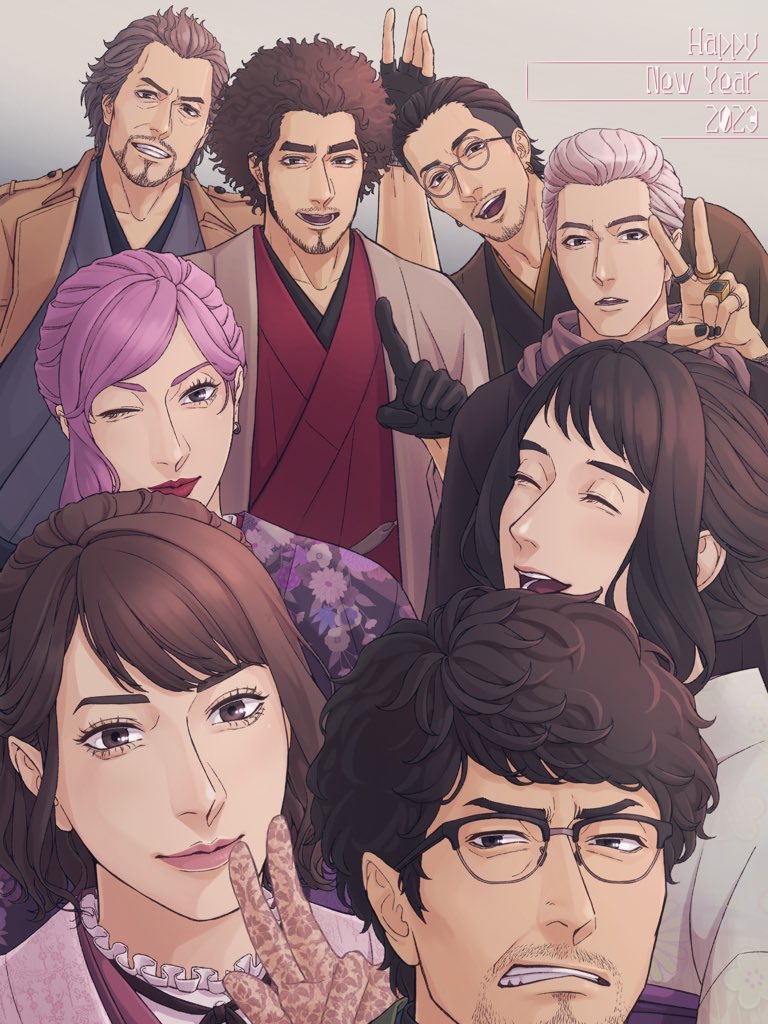 3girls 5boys adachi_koichi brown_hair facial_hair friends glasses gloves han_joon-gi happy_new_year japanese_clothes kamataki_eri kasuga_ichiban lipstick makeup messy_hair mukoda_saeko multiple_boys multiple_girls nail_polish nanba_yu new_year purple_hair ryuu_ga_gotoku_(series) ryuu_ga_gotoku_7 seong-hui shibi_(shi0_no_e) stubble white_hair zhao_tianyou