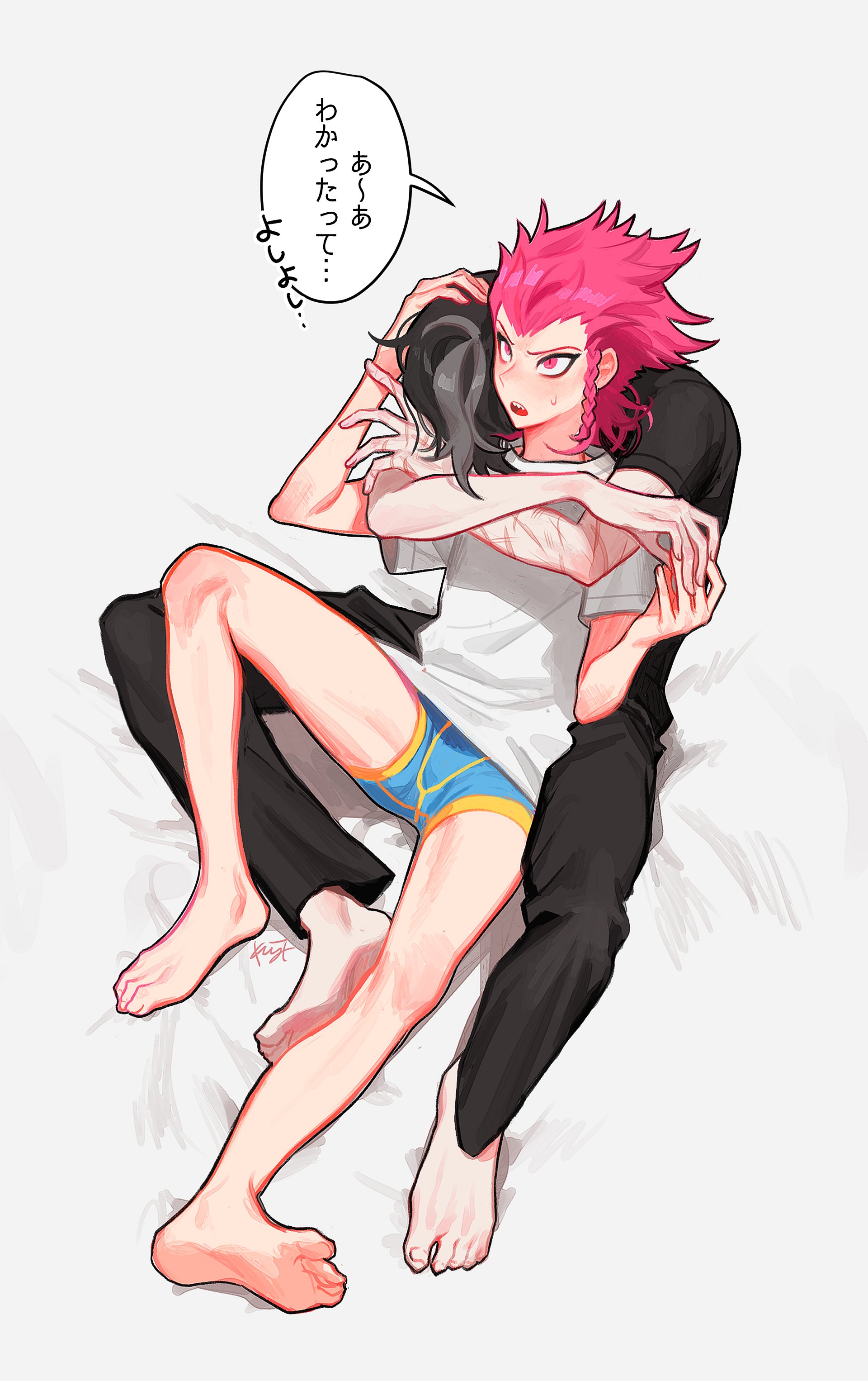 2boys absurdres arm_up arms_around_neck barefoot black_hair black_pants black_shirt braid commentary_request couple danganronpa_(series) danganronpa_2:_goodbye_despair gimmogi_kimumogi grey_background grey_hair hair_slicked_back hand_on_another's_head highres hug hug_from_behind looking_ahead male_focus male_underwear multicolored_hair multiple_boys multiple_scars open_mouth pants pink_eyes pink_hair scar scar_on_arm shirt short_hair short_sleeves side_braid signature simple_background single_braid sitting soda_kazuichi speech_bubble streaked_hair sweat sweatdrop t-shirt tanaka_gundham translation_request underwear white_shirt widow's_peak yaoi