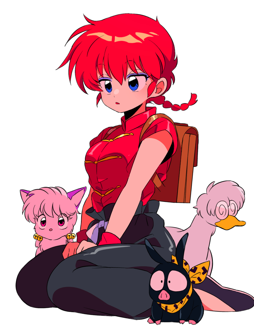 1girl backpack bag bird black_pants black_shoes braid cat commentary duck full_body mousse_(duck)_(ranma_1/2) p-chan pants parted_lips piglet purple_eyes ranma-chan ranma_1/2 red_hair red_shirt sanamaru_(sana79261827) shampoo_(cat) shirt shoes short_hair short_sleeves simple_background single_braid sitting white_background