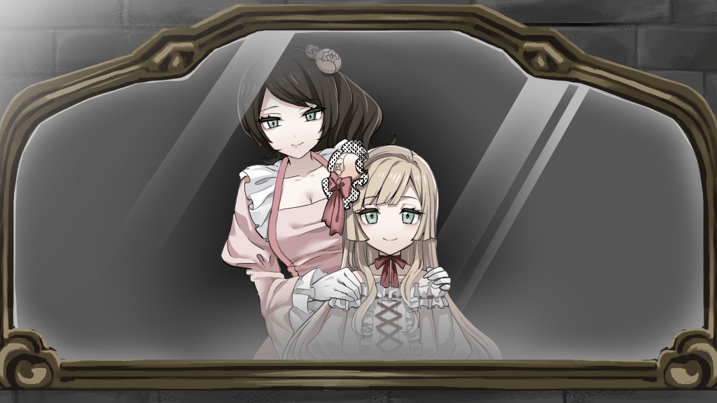 amber_(raison_d&#039;etre) bare_shoulders black_hair blonde_hair bow breasts c3_games child dress eyelashes flower frilled_dress frills gloves green_eyes hand_on_another&#039;s_shoulder high_side_ponytail juliet_sleeves long_hair long_sleeves mirror mother_and_daughter neck_ribbon orange_flower orange_rose pink_bow pink_dress puffy_sleeves raison_d&#039;etre reflection ribbon rose rose_(raison_d&#039;etre) smile white_dress white_gloves