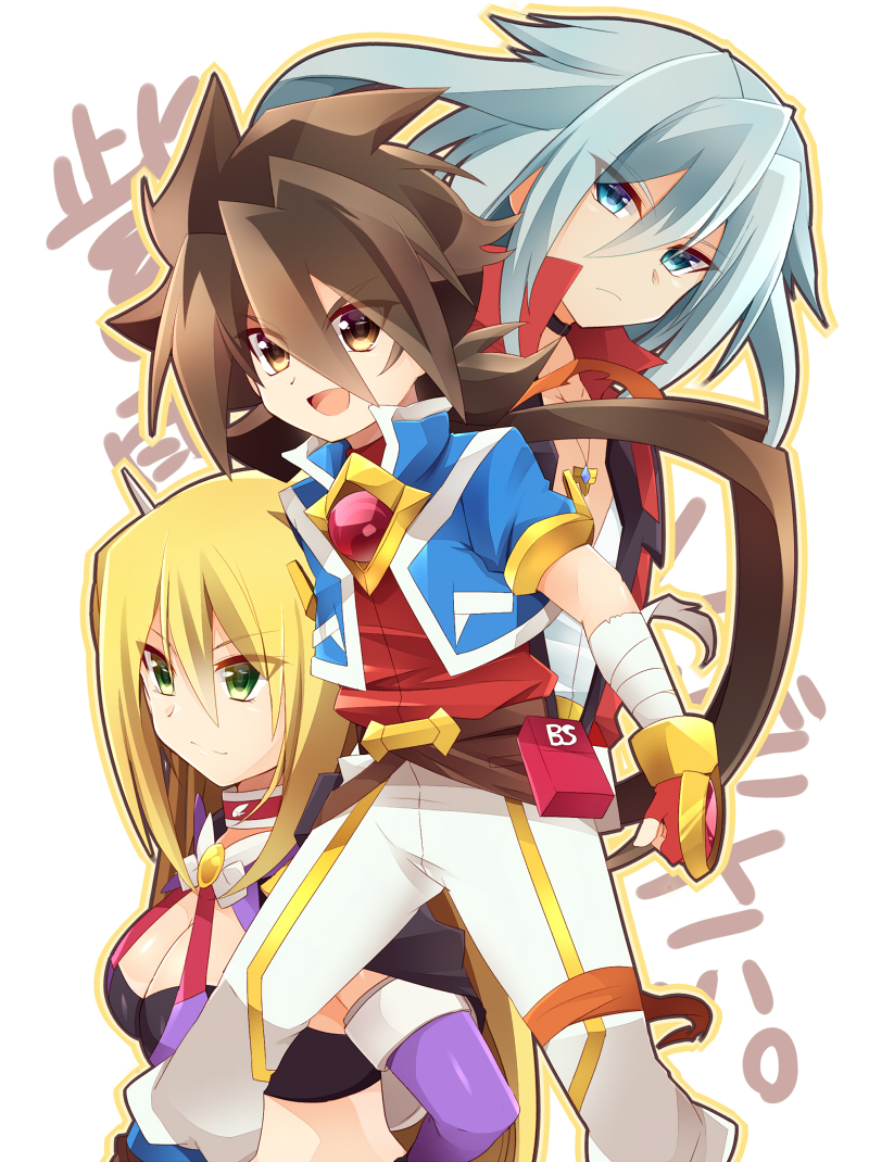 1girl 2boys ake_no_hoshi_no_elise aqua_eyes bandages bandaged_arm bandages black_choker black_coat blonde_hair blue_coat blue_footwear boots breasts brown_eyes brown_hair choker cleavage coat elbow_gloves fingerless_gloves gloves green_eyes ichibanboshi_no_rei long_hair multiple_boys open_mouth orange_ribbon pants purple_gloves red_choker red_gloves red_shirt rento_(rukeai) ribbon saikyou_ginga_ultimate_zero_~battle_spirits~ shirt silver_hair smile spiked_hair white_pants