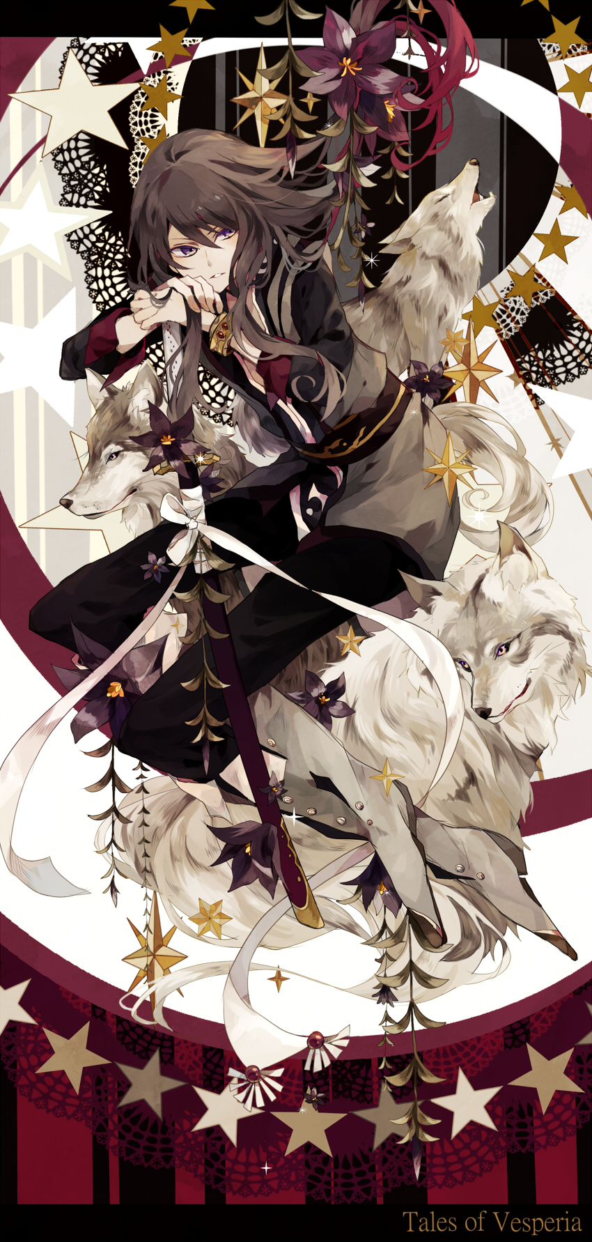 00s 1boy belt black_hair black_pants boots bracelet flower full_body grey_boots highres jacket jewelry knee_boots long_hair looking_to_the_side male_focus md5_mismatch pants purple_eyes resolution_mismatch sagatsu_(miicat) satsuki_(miicat) scabbard sheath solo source_larger star_(symbol) sword tales_of_(series) tales_of_vesperia weapon wolf yuri_lowell