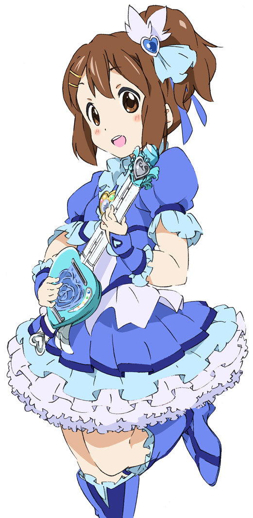 1girl :d blue_boots blue_skirt blush boots brown_eyes brown_hair cosplay cure_beat cure_beat_(cosplay) dress female_focus frills gloves hair_ornament hairclip heart hirasawa_yui instrument k-on! leg_up magical_girl open_mouth precure short_hair side_ponytail simple_background skirt smile solo suite_precure umanosuke