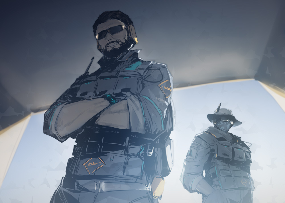 2boys ace_(arknights) arknights bandana bandana_over_mouth beard black_hair bracelet crossed_arms earpiece facial_hair from_below hands_in_pockets hat horns infection_monitor_(arknights) jacket jewelry looking_at_viewer melon22 multiple_boys muscular muscular_male scout_(arknights) smile sunglasses