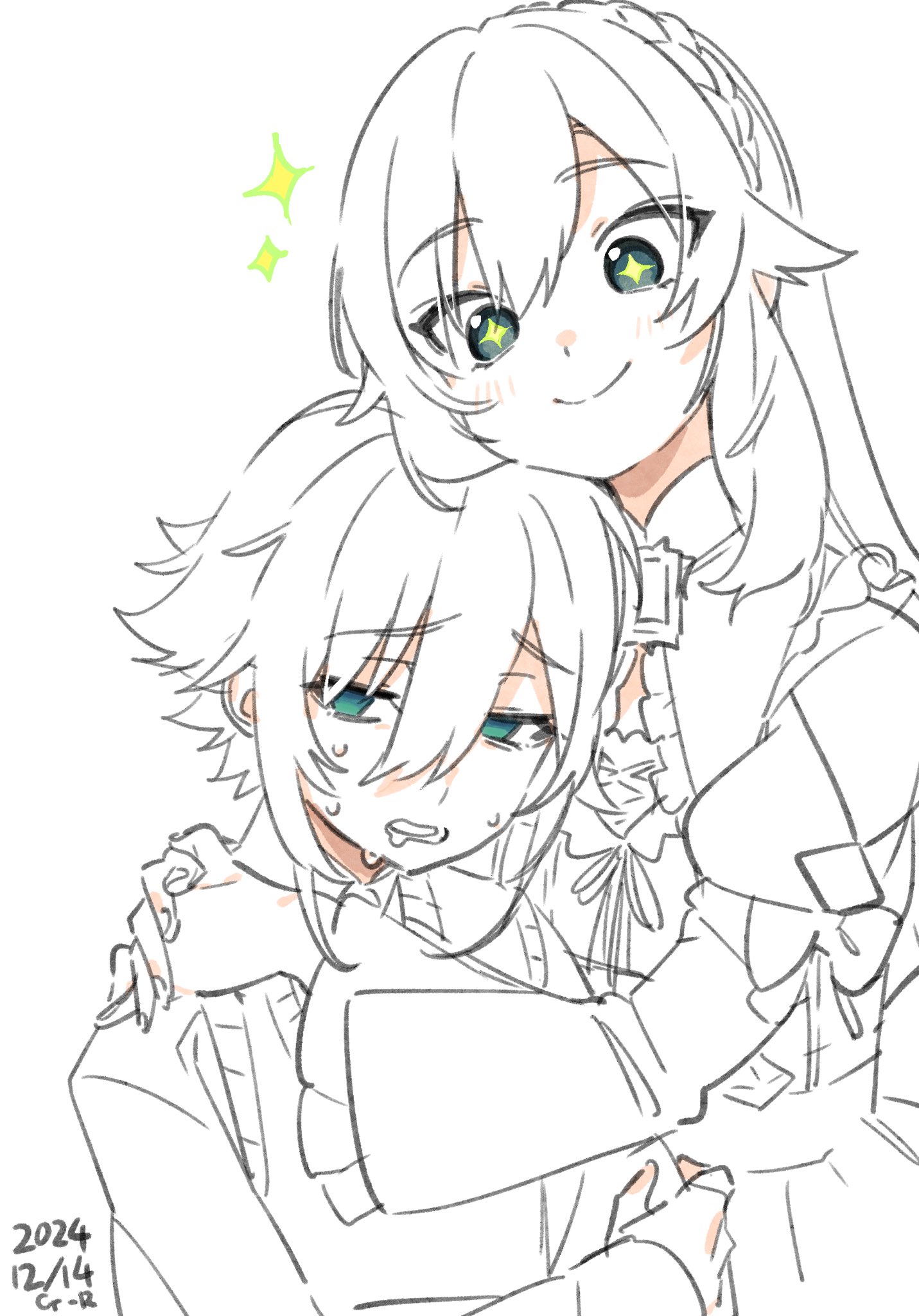 2boys arms_around_neck collared_shirt cr-r crossdressing dual_persona frilled_sleeves frills gloom_(expression) hair_between_eyes hair_flaps half-closed_eyes highres hug long_hair long_sleeves looking_at_another looking_down looking_to_the_side male_focus multiple_boys nijisanji official_alternate_costume open_mouth shirt short_hair simple_background sketch smile sparkle sparkling_eyes spot_color star_(symbol) sweat sweater_vest symbol-shaped_pupils trap uzuki_kou uzuki_kou_(3rd_costume) uzuki_kou_(4th_costume) virtual_youtuber white_background