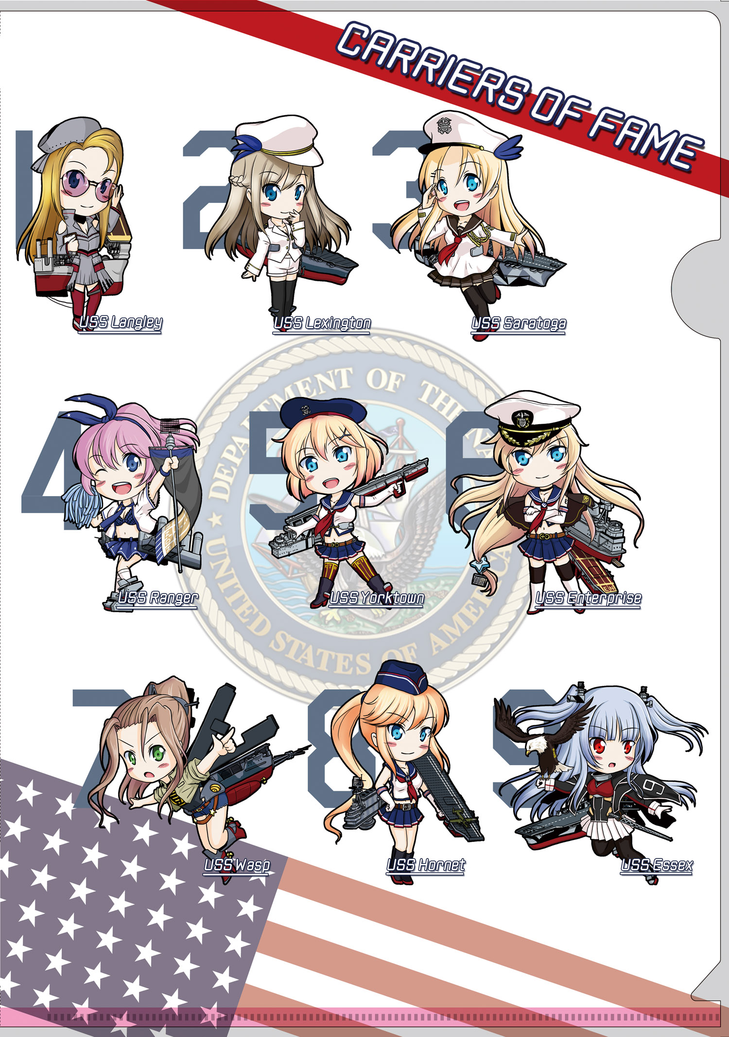 6+girls bald_eagle bell_mccamp_(warship_girls_r) bird blonde_hair blue_eyes braid brown_hair chibi eagle enterprise_(warship_girls_r) essex_(warship_girls_r) flight_deck french_braid glasses green_eyes hat highres hornet_(warship_girls_r) langley_(warship_girls_r) lexington_(warship_girls_r) long_hair military military_uniform multiple_girls pantyhose peaked_cap pink_hair ponytail ranger_(warship_girls_r) red_eyes rigging sakurato_tsuguhi saratoga_(warship_girls_r) short_hair silver_hair skirt thighhighs twintails warship_girls_r wasp_(warship_girls_r) yorktown_(warship_girls_r)