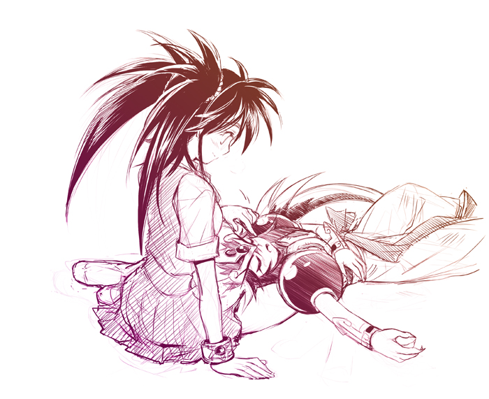 1boy 1girl artist_request aura bare_legs breasts enno_chiaki japanese_clothes kishin_douji_zenki long_hair long_sleeves monochrome school_uniform skirt sleeping smile twintails very_long_hair zenki