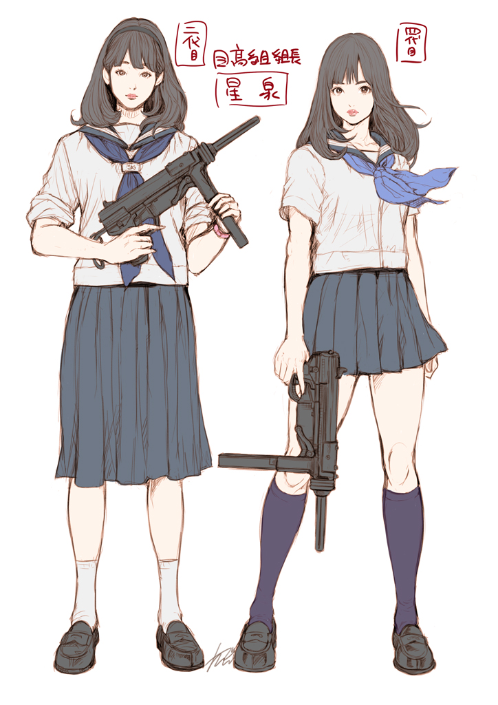 1girl arm_at_side asian black_eyes black_footwear black_hair black_hairband blue_neckerchief blue_sailor_collar blue_skirt blue_socks blunt_bangs character_name choppy_bangs closed_mouth commentary_request dual_persona full_body gun hair_over_shoulder hairband hashimoto_kanna holding holding_gun holding_weapon loafers long_hair looking_at_viewer m3_submachine_gun medium_hair medium_skirt neckerchief partial_commentary partially_translated pink_lips real_life sailor_collar school_uniform serafuku serafuku_to_kikanjuu serafuku_to_kikanjuu_-sotsugyou- shoes short_sleeves simple_background skirt sleeves_rolled_up socks standing striped submachine_gun tabe_koji translation_request trigger_discipline weapon white_background white_serafuku white_socks white_stripes
