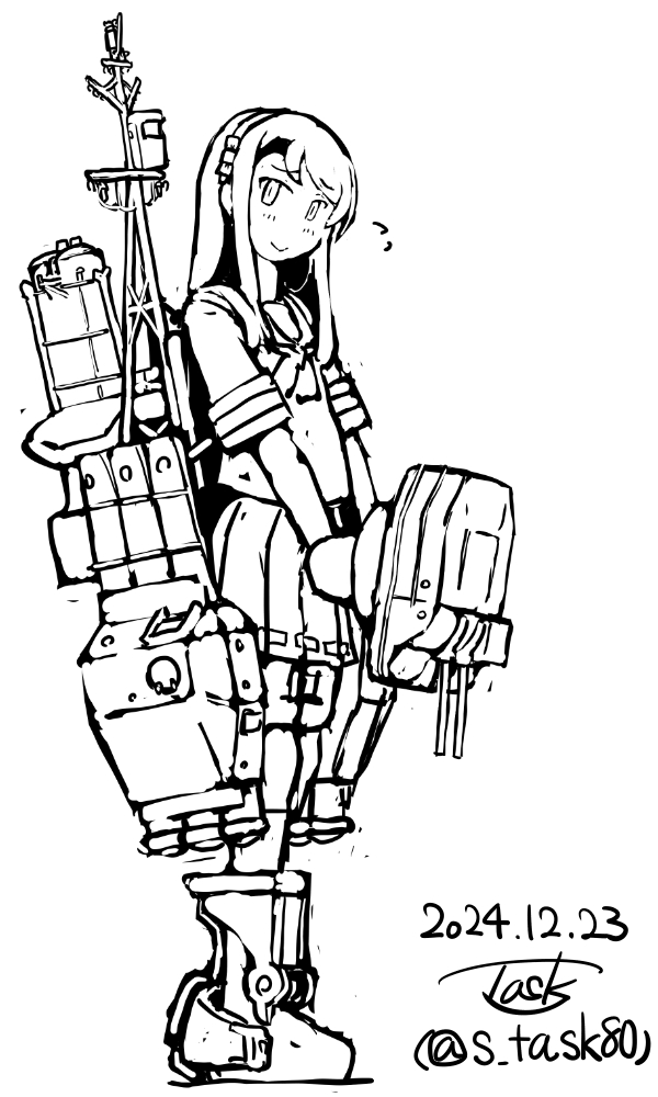 1girl adapted_turret artist_logo artist_name dated full_body hairband kantai_collection lineart logo long_hair machinery mast monochrome neckerchief one-hour_drawing_challenge pleated_skirt sagiri_(kancolle) sailor_collar sailor_shirt school_uniform serafuku shirt short_sleeves skirt solo task_(s_task80) torpedo_launcher twitter_username