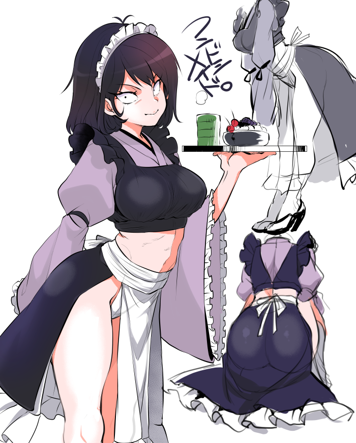 1girl apron black_hair blue_hair breasts collarbone colored_inner_hair full_body genderswap genderswap_(mtf) headdress high_heels ishikawa_goemon_xiii japanese_clothes kataginu kimono large_breasts long_legs lupin_iii maid_headdress marimo_(yousei_ranbu) multicolored_hair sash short_hair short_kimono socks solo standing translation_request