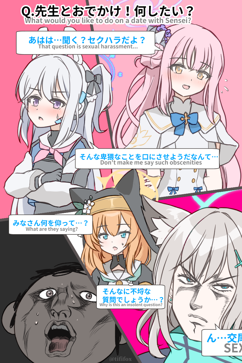 1boy 4girls animal_ear_fluff animal_ear_headwear animal_ears black_gloves blue_archive blue_eyes blue_halo blue_scarf blue_serafuku blush capelet closed_mouth commentary_request cross_hair_ornament dress earpiece english_text extra_ears fake_animal_ears flower gloves green_neckerchief grey_hair hair_between_eyes hair_bun hair_flower hair_ornament halo hat hat_flower highres long_hair long_sleeves mari_(blue_archive) medium_hair mika_(blue_archive) miyako_(blue_archive) multiple_girls neckerchief one_side_up open_mouth orange_hair pink_hair pink_halo puffy_long_sleeves puffy_sleeves purple_eyes purple_flower rabbit_ears sailor_collar scarf school_uniform sensei_(blue_archive) serafuku shiroko_(blue_archive) single_side_bun speech_bubble tififox translation_request white_capelet white_dress white_flower white_sailor_collar wolf_ears yellow_eyes yellow_halo