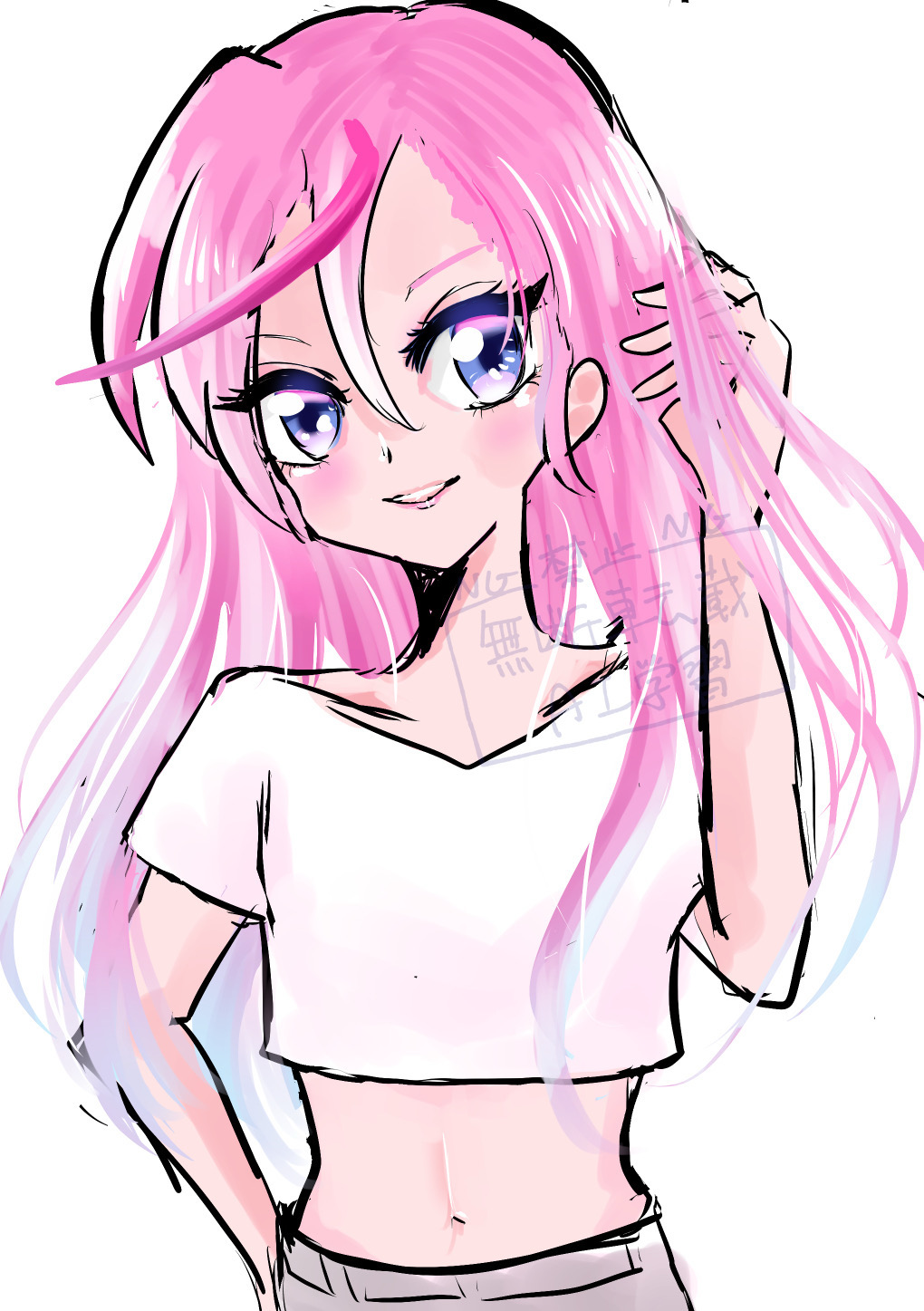 1girl digimon karan_eri looking_at_viewer midriff my_(pixiv587991) pink_eyes pink_hair shirt simple_background white_background white_shirt