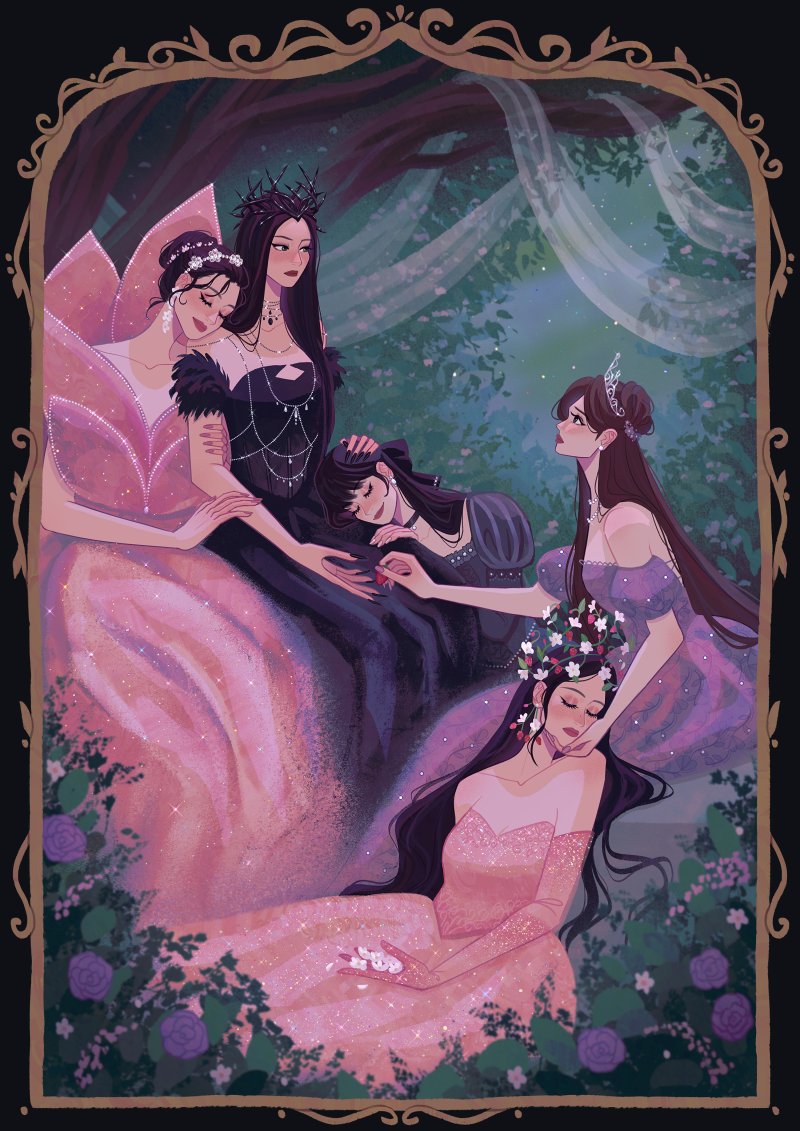 5girls bare_shoulders black_border black_dress black_hair border brown_hair choker closed_eyes closed_mouth commentary crown dress earrings elbow_gloves eyeshadow flower flower_wreath forest gloves hair_bun holding holding_flower irene_(red_velvet) jewelry joy_(red_velvet) juliet_sleeves k-pop locked_arms long_hair long_sleeves makeup mascara mimimar multiple_girls nail_polish nature night pink_dress pink_gloves puffy_sleeves purple_dress purple_flower real_life red_velvet_(group) seulgi_(red_velvet) sitting sleeping sleeping_on_person wendy_(red_velvet) yeri_(red_velvet)