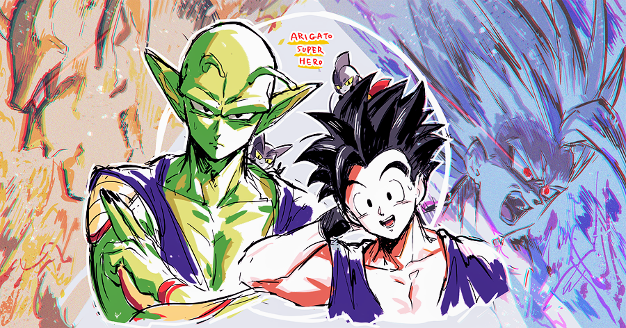 4boys black_eyes black_hair closed_mouth colored_sclera colored_skin crossed_arms dougi dragon_ball dragon_ball_super dragon_ball_super_super_hero eye_trail gamma_1 gamma_2 gohan_beast green_skin itsuki_(nightlight) light_trail male_focus mini_person miniboy multiple_boys namekian open_mouth orange_piccolo piccolo red_eyes romaji_text sketch son_gohan spiked_hair sweat upper_body yellow_sclera
