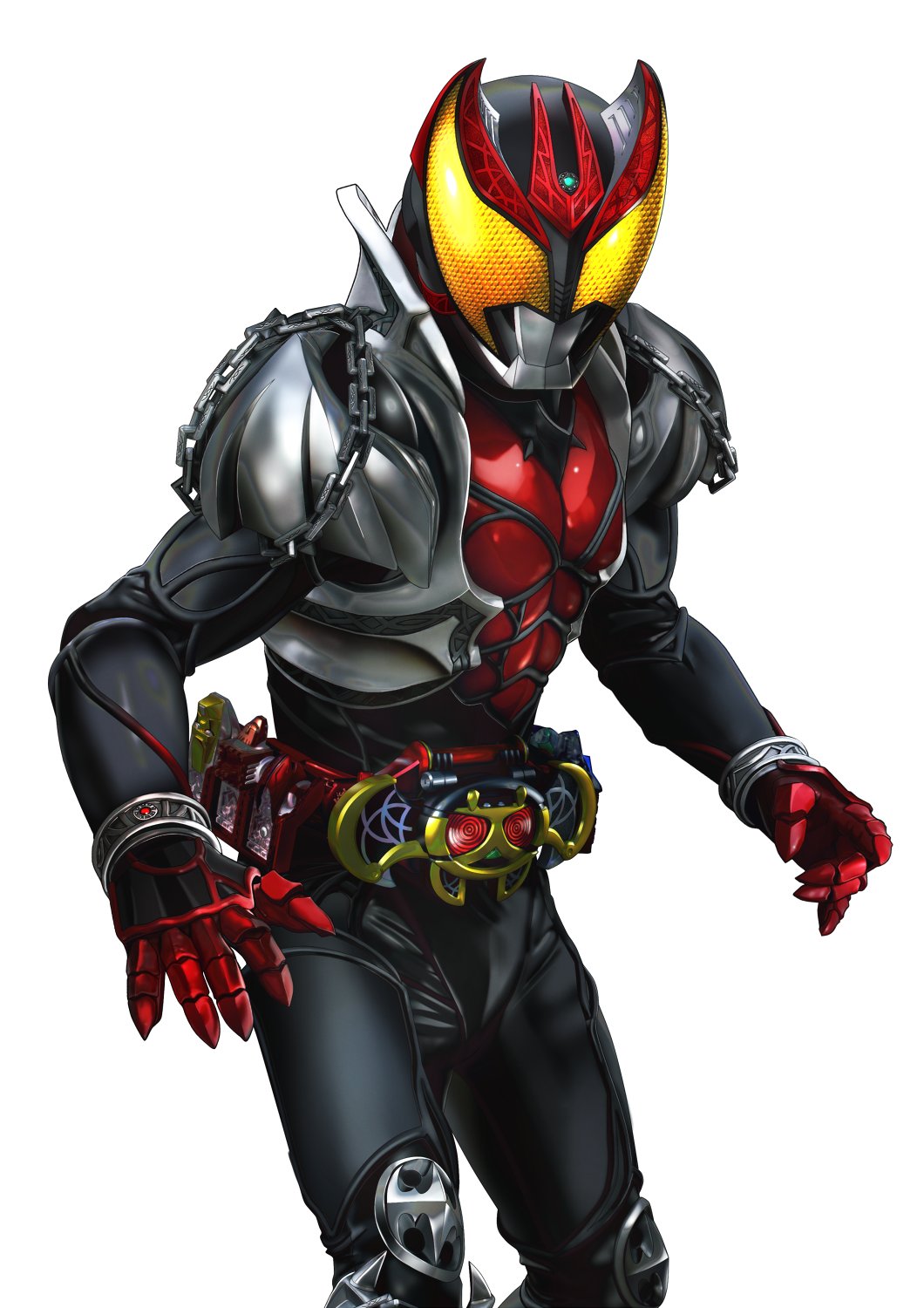 1boy armor belt black_bodysuit blank_eyes bodysuit breastplate commentary_request cowboy_shot gloves hand_up helmet high_collar highres kamen_rider kamen_rider_kiva kamen_rider_kiva_(series) kivat-bat_iii male_focus masukudo_(hamamoto_hikaru) pouch red_gloves rider_belt shoulder_armor simple_background solo standing tokusatsu utility_belt vampire white_background yellow_eyes