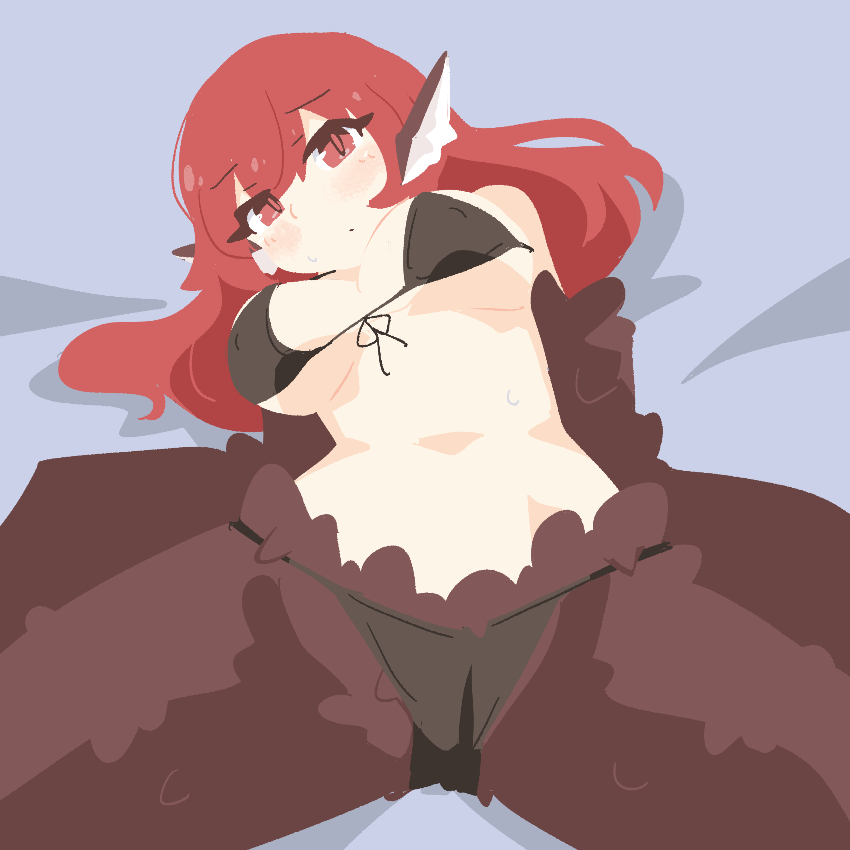 1girl animal_ears big_o_pants bikini bird_ears bird_legs bird_tail black_bikini blush breasts brown_feathers brown_wings commentary feathers fio-chan_(big_o_pants) harpy large_breasts long_hair looking_at_viewer monster_girl no_lineart original red_eyes red_hair solo swimsuit tail winged_arms wings