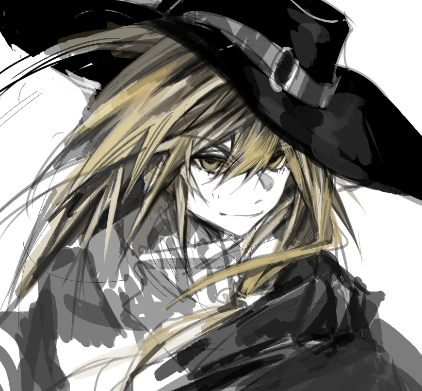 1girl alternate_costume blonde_hair cape hair_between_eyes hat kirisame_marisa koumajou_densetsu long_hair scarf sketch solo touhou white_background xian_qishui yellow_eyes