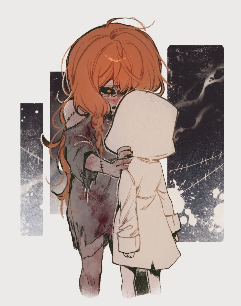 1boy 1girl black_sclera blood blood_on_clothes blood_on_face colored_sclera commentary_request crying crying_with_eyes_open hand_on_another&#039;s_shoulder heroine_(homicipher) homicipher hood hood_up korean_commentary long_hair looking_at_another mr._chopped orange_eyes orange_hair raincoat stitches sweeeet_him tears very_long_hair