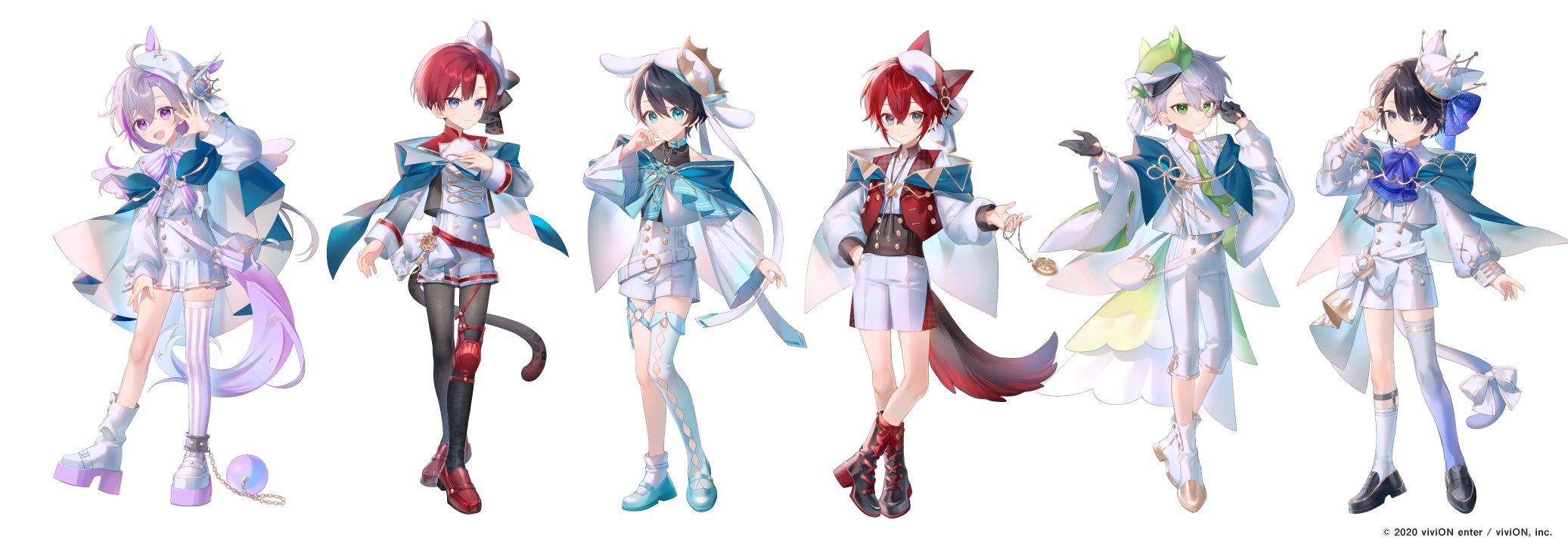 6+boys :d adjusting_eyewear ahoge aiguillette animal_ear_headwear animal_ears ankle_boots aqua_boots aqua_collar aqua_eyes aqua_ribbon aqua_shoes aqua_thighhighs arm_at_side asymmetrical_footwear asymmetrical_legwear bag ball_and_chain_restraint bare_shoulders beckoning bell_sleeves belt belt_collar beret black_eyes black_footwear black_hair black_jacket black_pantyhose black_shirt blue_bow blue_bowtie blue_capelet blue_eyes blue_footwear blue_thighhighs bolo_tie boots bow bowtie buttoned_cuffs buttons capelet capri_pants cat_ears cat_tail child clock_over_orquesta closed_mouth collar collared_shirt colored_shoe_soles cropped_jacket crossed_bangs crown crown_hat cummerbund curtained_hair double-breasted fake_animal_ears fake_horns feathered_wings frilled_sleeves frills full_body fuwa_tokihito gold_trim gradient_legwear gradient_sleeves green_eyes green_hat grey_eyes grey_hair grey_thighhighs hair_between_eyes hand_on_eyewear hand_on_own_chest hand_on_own_hip hand_up harumi_kazuto hat hat_bow high-waist_pants high-waist_shorts high_heel_boots high_heels highres holding holding_pocket_watch hood hooded_capelet horned_headwear horns horse_ears horse_tail jacket knee_pads kokonoe_konoe lace-up_boots legwear_garter leopard_ears leopard_tail loafers long_hair long_sleeves looking_at_viewer low_ponytail male_focus mary_janes mini_wings monocle multicolored_hair multicolored_jacket multiple_boys neck_ribbon o-ring o-ring_thigh_strap off_shoulder open_clothes open_collar open_mouth open_vest pants pantyhose peaked_cap platform_boots platform_footwear pleated_shorts pleated_sleeves pocket_watch ponytail puffy_long_sleeves puffy_sleeves purple_bow purple_bowtie purple_eyes purple_hair purple_thighhighs rabbit_ears red_belt red_footwear red_hair red_vest ribbon sakaki_yairo sash sayu_(snowman_and_mayu) shirt shoes short_hair short_shorts shorts shoulder_bag sidelocks simple_background single_ankle_cuff single_knee_pad single_sidelock single_thighhigh sleeve_cuffs sleeveless sleeveless_turtleneck smile socks standing streaked_hair striped_bow striped_bowtie striped_clothes striped_thighhighs swept_bangs tail tail_bow tail_ornament tenma_nanase thigh_strap thighhighs tilted_headwear tokito_reiji turtleneck twirling_hair two-sided_capelet two-tone_jacket uneven_legwear unicorn_horn vest waist_bow waist_cape watch waving white_background white_bow white_capelet white_footwear white_hat white_jacket white_pants white_sash white_shirt white_shorts white_socks white_thighhighs white_wings wide_sleeves winged_hat wings wolf_ears wolf_tail