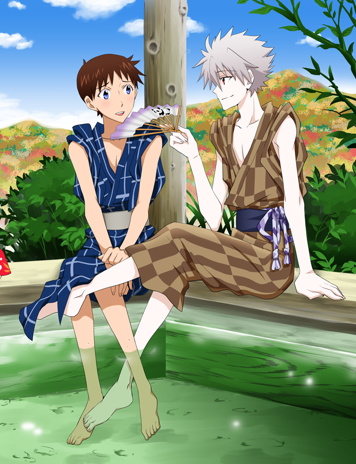 2boys bad_id bad_pixiv_id barefoot blue_eyes blush brown_hair hand_fan folding_fan grey_hair ikari_shinji japanese_clothes kimono male_focus multiple_boys nagisa_kaworu neon_genesis_evangelion paper_fan red_eyes short_hair sitting soaking_feet tsukito_(leaf_moon82) yukata