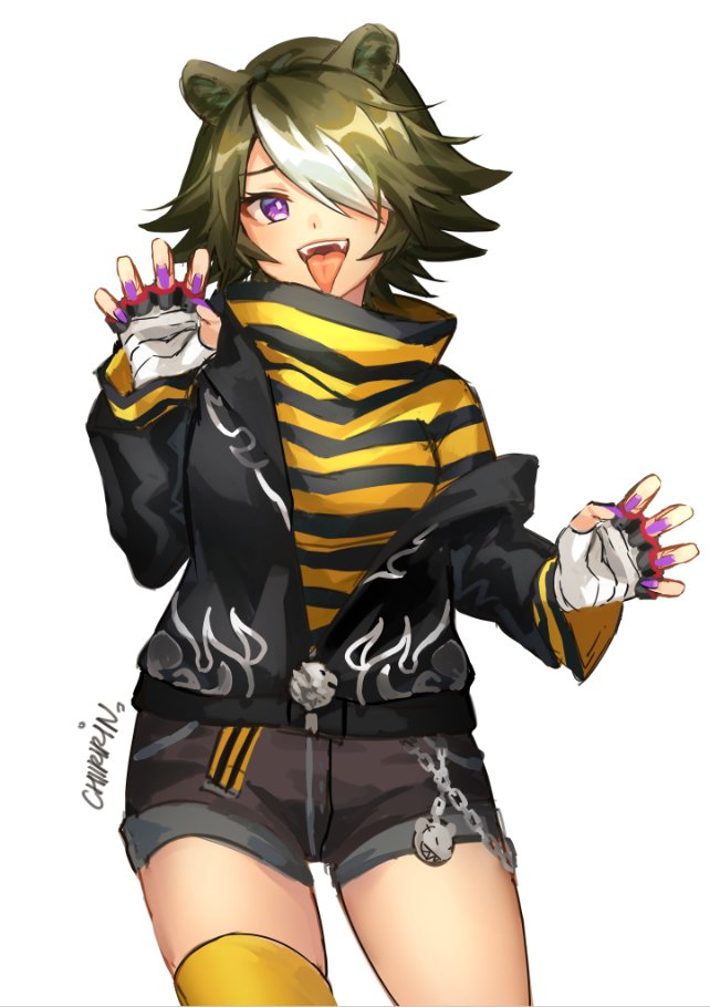 1girl animal_ears arknights bear_ears beehunter_(arknights) breasts brown_hair chiiririn hair_over_one_eye jacket large_breasts long_sleeves looking_at_viewer multicolored_hair open_mouth purple_eyes short_hair shorts simple_background smile solo streaked_hair thighhighs thighs two-tone_hair white_hair