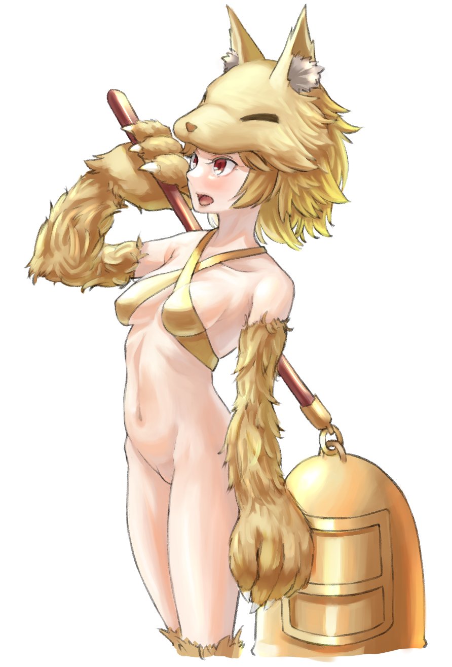 1girl animal_feet animal_hands bell blonde_hair blush bottomless bra breasts commentary_request cowboy_shot criss-cross_halter fox_girl fox_hat halterneck highres holding holding_staff irinanpic medium_breasts moonlight_flower navel open_mouth orange_eyes ragnarok_online short_hair simple_background solo staff underwear white_background yellow_bra