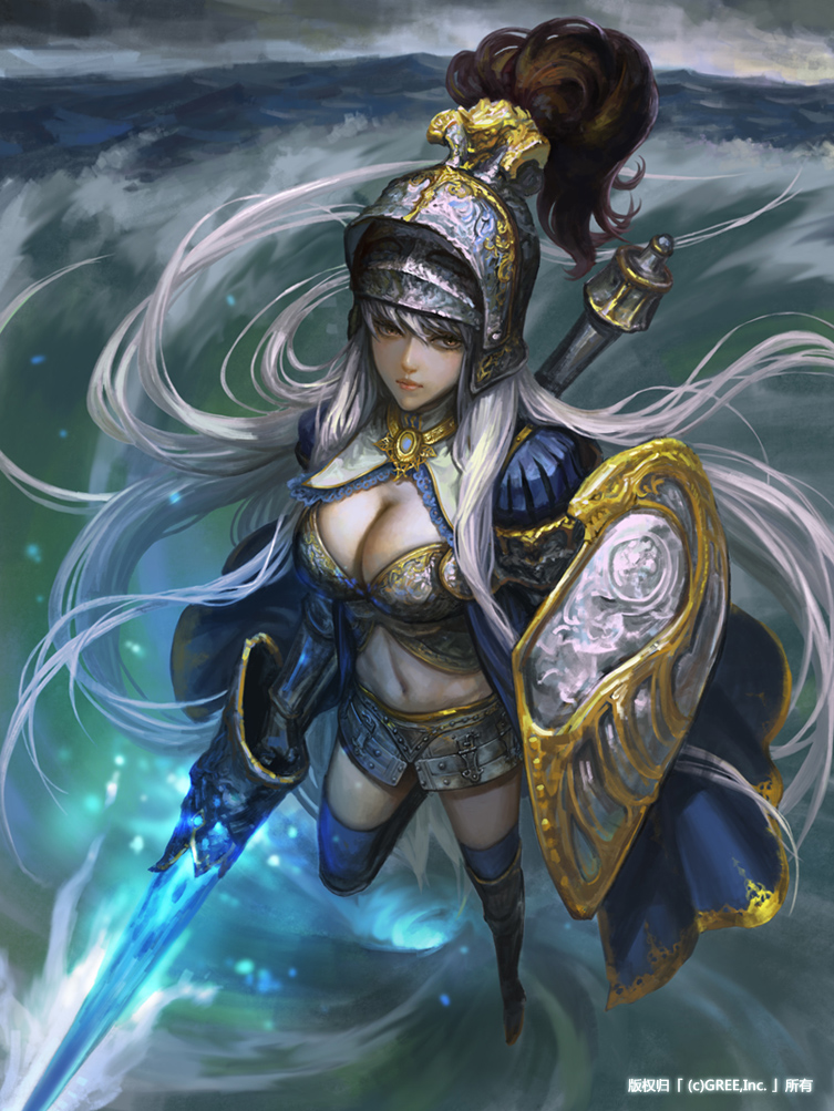 10s 1girl armor boots breasts cerberus_(gree) cleavage female_focus glowing helm helmet knight large_breasts long_hair looking_at_viewer midriff polearm seisen_cerberus shield silver_hair skirt sky solo spear sword thighhighs very_long_hair warrior weapon xiaji yellow_eyes
