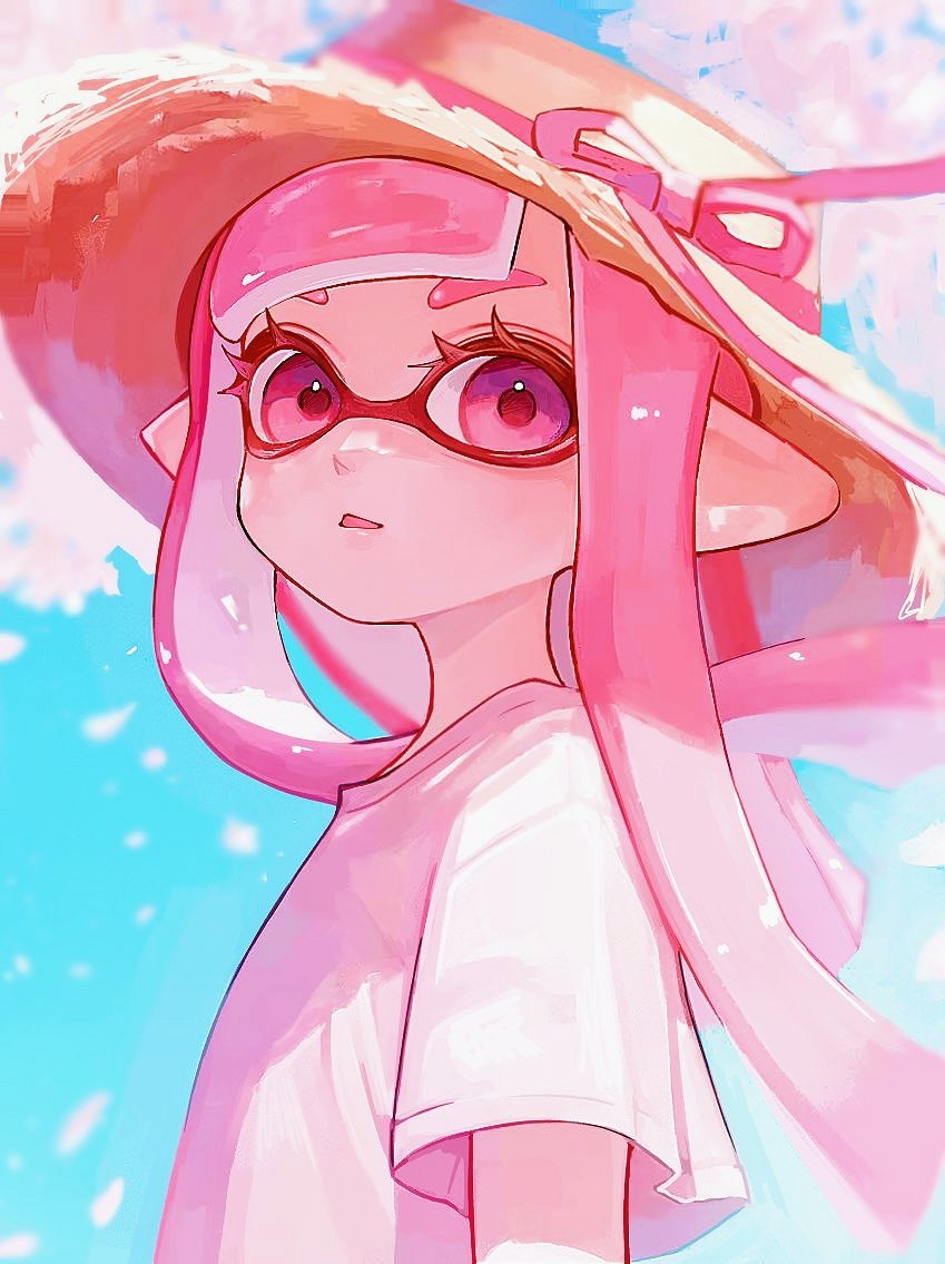 1girl floating_hair hat hat_ribbon inkling inkling_girl inkling_player_character kodak_painter long_hair nintendo open_mouth pink_eyes pink_hair pink_ribbon pointy_ears ribbon shirt short_sleeves solo splatoon_(series) straw_hat sun_hat t-shirt tentacle_hair upper_body white_shirt yellow_hat