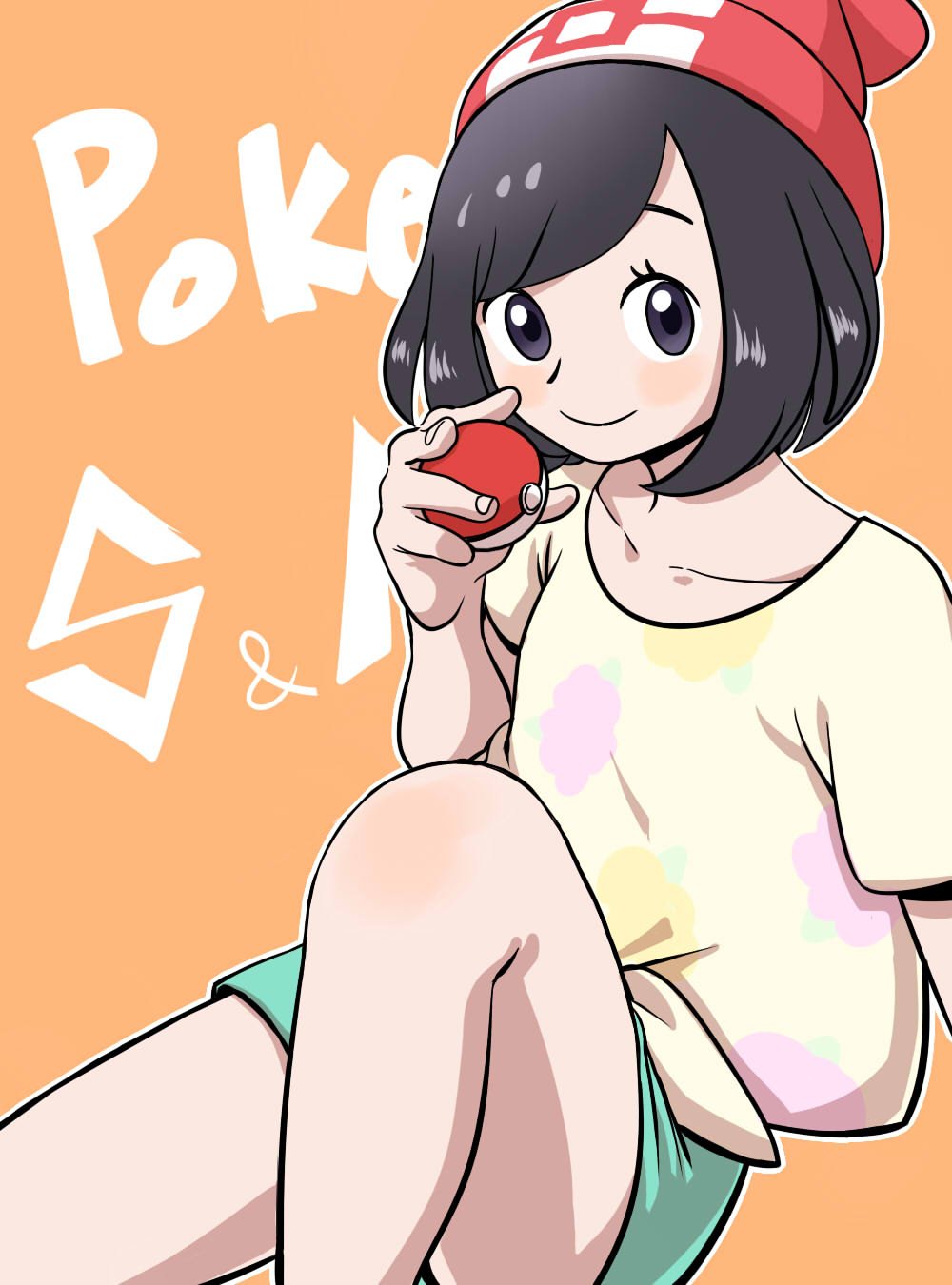 1girl bare_legs beanie black_eyes black_hair blush bob_cut closed_mouth collarbone copyright_name facing_away female_focus flat_chest floral_print green_shorts hat highres holding holding_poke_ball leg_up looking_at_viewer nintendo nutkingcall orange_background outline player_character poke_ball poke_ball_(basic) pokemon pokemon_sm red_hat selene_(pokemon) shirt short_hair short_sleeves shorts simple_background sitting smile solo swept_bangs t-shirt tareme tied_shirt yellow_shirt