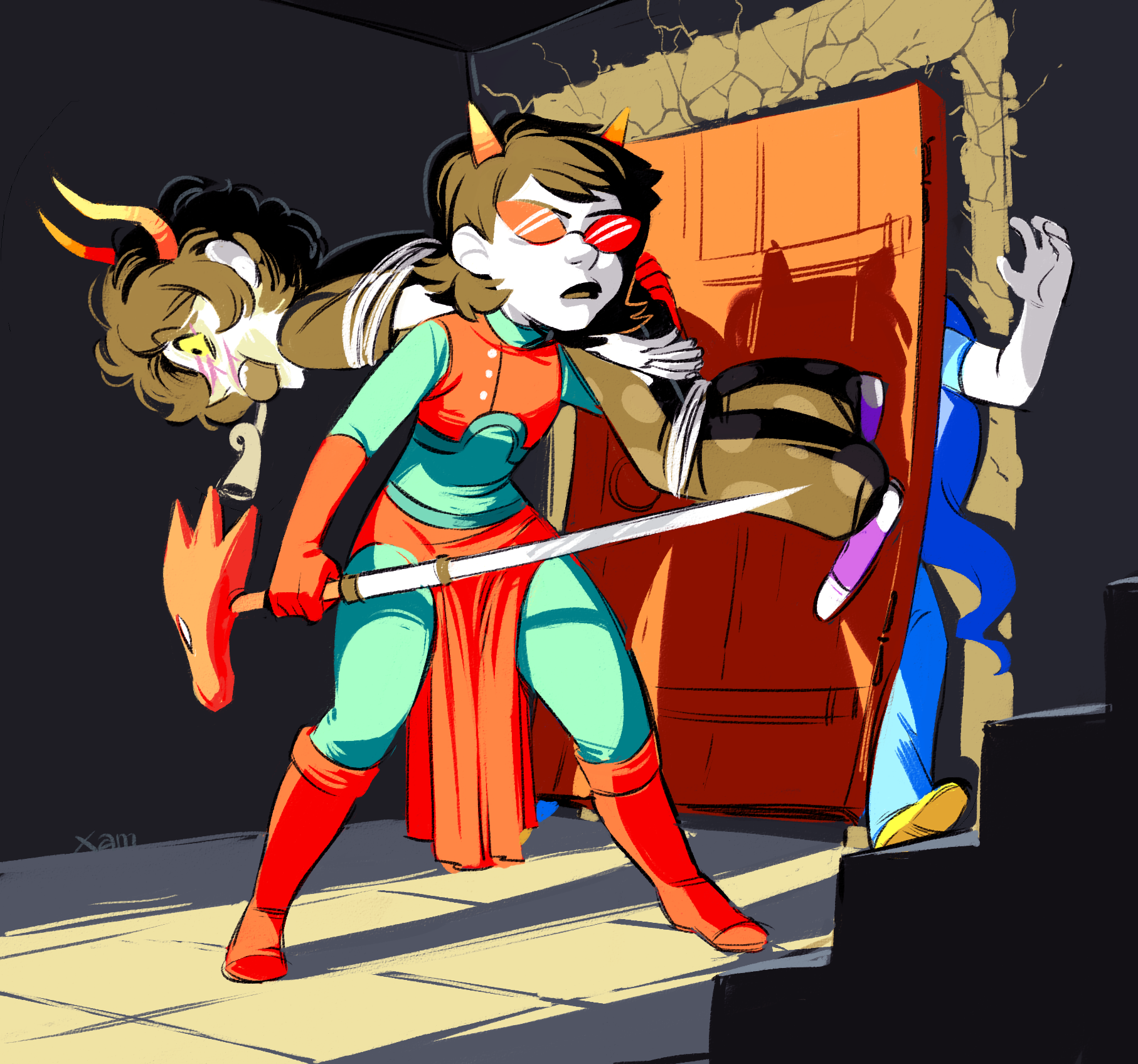 1girl 2boys aqua_leggings aqua_shirt bike_horn black_hair black_lips black_pants black_shirt blue_hood blue_pants boots bound carrying_over_shoulder colored_sclera colored_skin commentary concealed_weapon door elbow_gloves english_commentary frown gagged gamzee_makara glasses gloves god_tier_(homestuck) grey_skin highres holding holding_sword holding_weapon homestuck horns indoors john_egbert libra_(symbol) medium_hair multiple_boys orange_horns pants polka_dot_pants purple_footwear red-tinted_eyewear red_footwear red_gloves red_shirt red_skirt scar scar_on_face shirt signature skirt stairs standing sunglasses sword sword_cane terezi_pyrope tied_up_(nonsexual) tinted_eyewear troll_(homestuck) weapon white_skin xamag yellow_sclera
