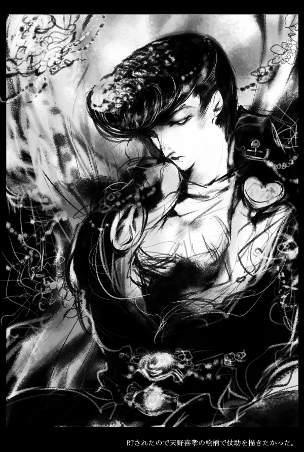 1boy amano_yoshitaka_(style) bakanoise gakuran greyscale higashikata_josuke jojo_no_kimyou_na_bouken male_focus monochrome parody pompadour sadahara_inako school_uniform solo style_parody