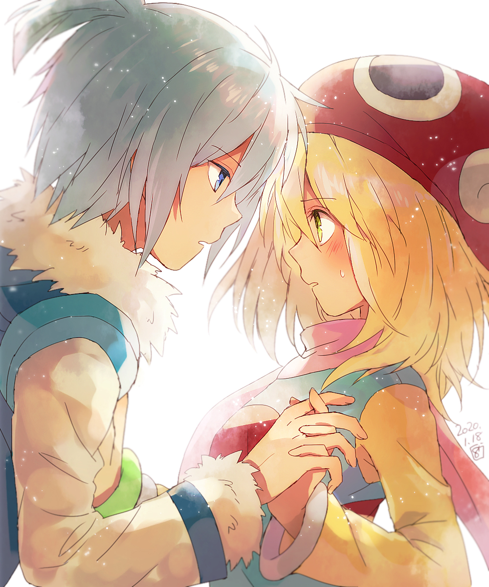 1boy 1girl amitie_(puyopuyo) backlighting blonde_hair blue_eyes blue_hair blue_shirt eye_contact from_side hana_(mew) hat hetero highres light_particles long_sleeves looking_at_another parted_lips puyo_(puyopuyo) puyopuyo red_hat shirt short_hair sig_(puyopuyo) upper_body white_background yellow_shirt