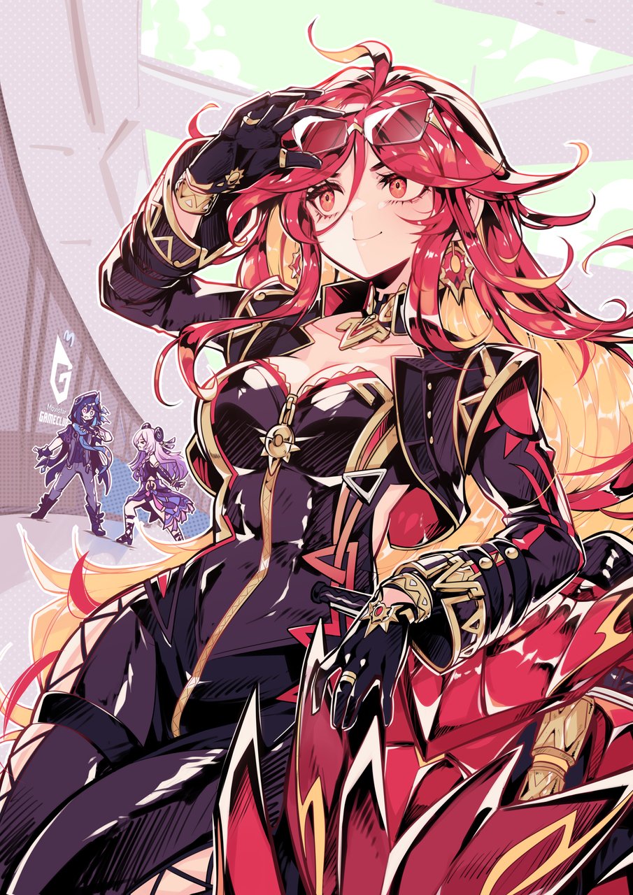 1boy 2girls ahoge biker_clothes bikesuit black_bodysuit bodysuit braid breasts citlali_(genshin_impact) cleavage earrings facial_mark flamestrider_(genshin_impact) genshin_impact gloves highres jewelry long_hair long_sleeves mavuika_(genshin_impact) medium_breasts motor_vehicle motorcycle multicolored_hair multiple_girls orange_eyes orange_hair ororon_(genshin_impact) parororo pink_hair red_hair ring_hair_ornament smile sun_earrings symbol_in_eye two-tone_hair very_long_hair