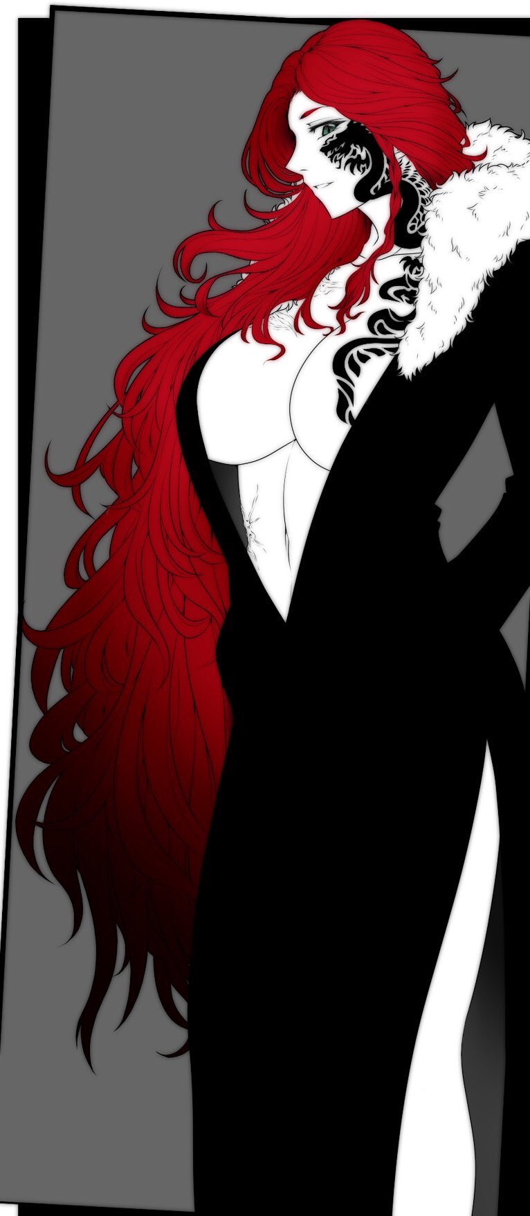 breasts cleavage dragon dress evening_gown facial_tattoo formal_clothes fur_collar green_eyes grey_background highres holding_behind_back holding_knife holding_knife_behind_back hong_meiling knife large_breasts long_hair navel neck_tattoo neko_majin red_hair scar side_slit simple_background smile solo tattoo touhou very_long_hair