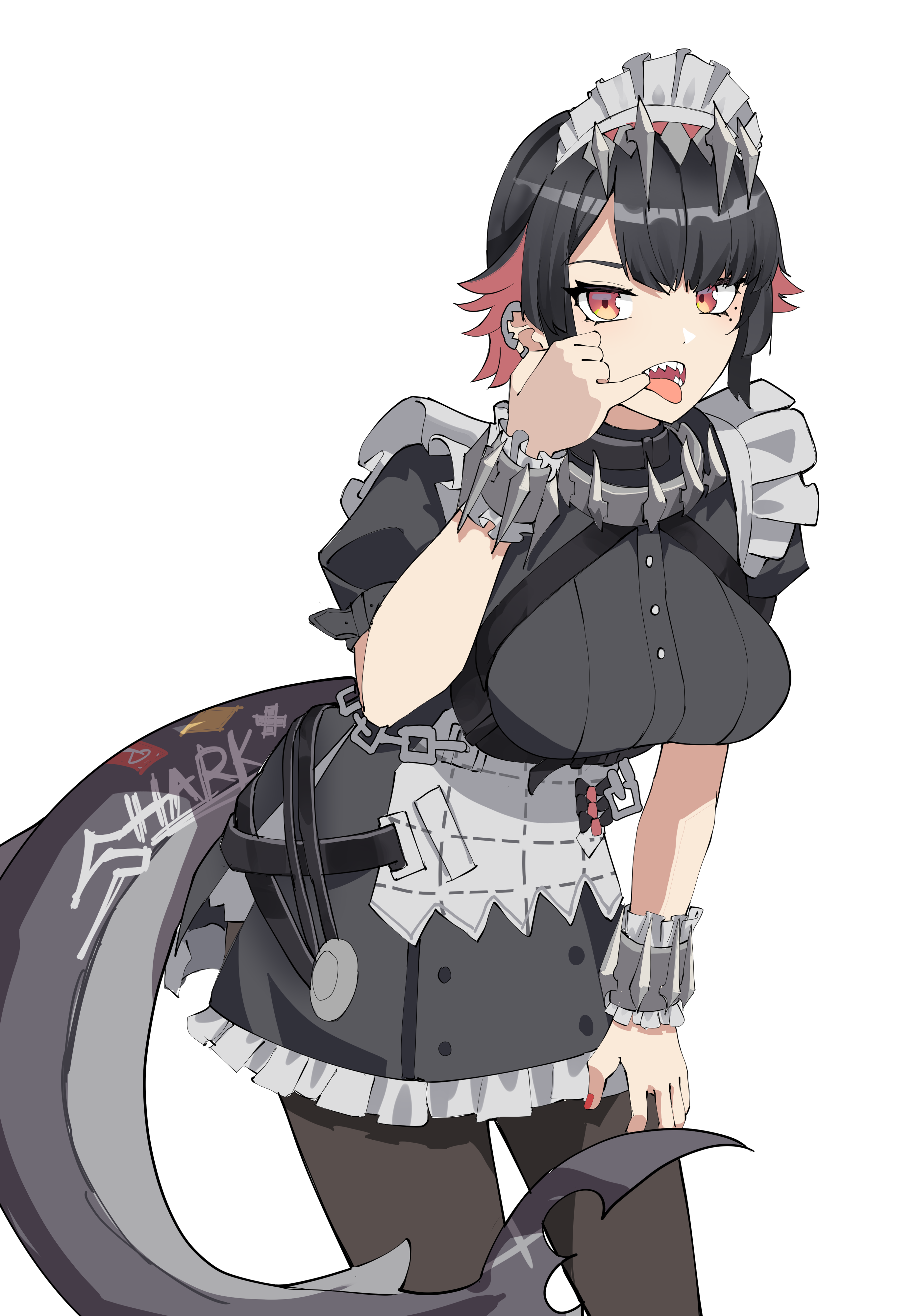 1girl absurdres breasts ellen_joe fins fish_tail gar32 highres looking_at_viewer maid maid_headdress multicolored_hair nail_polish open_mouth puffy_short_sleeves puffy_sleeves scar scar_on_tail shark_girl shark_tail sharp_teeth short_hair short_sleeves solo tail teeth two-tone_hair white_background zenless_zone_zero