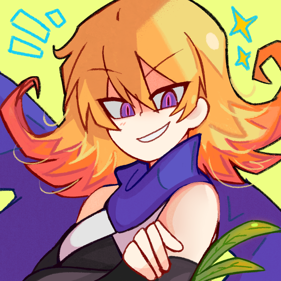 1girl 2024 bare_shoulders black_sleeves blonde_hair blue_scarf bob_cut breasts commentary crop_top crossed_arms detached_sleeves english_commentary female_focus gradient_background grin hair_between_eyes homriette kid_icarus kid_icarus_uprising light_blush long_scarf medium_breasts nintendo notice_lines phosphora plant scarf smile solo sparkle tsurime upper_body v-shaped_eyebrows vines yellow_background