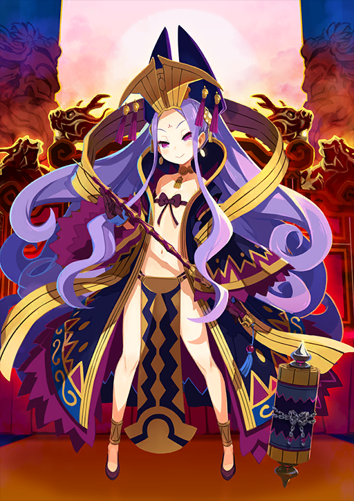 1girl anklet arm_at_side bare_legs bare_shoulders blush bow breast_ribbon breasts chinese_clothes cleavage closed_mouth coat earrings facial_mark fate/grand_order fate_(series) floating_clothes forehead_mark frilled_coat frilled_sleeves frills full_body gloves gold_anklet gold_choker gold_earrings gold_trim hagoromo hand_up harada_takehito headdress high_collar holding holding_weapon jewelry legs_apart long_coat long_hair long_sidelocks long_sleeves looking_at_viewer navel no_shirt official_art open_clothes open_coat panties parted_bangs pelvic_curtain petite pink_bow pink_eyes pink_gloves pink_panties pink_shoes purple_coat purple_hair shawl shoes sidelocks small_breasts smirk solo standing third-party_source underwear variant_set very_long_hair very_long_sidelocks weapon wide_sleeves wu_zetian_(fate)