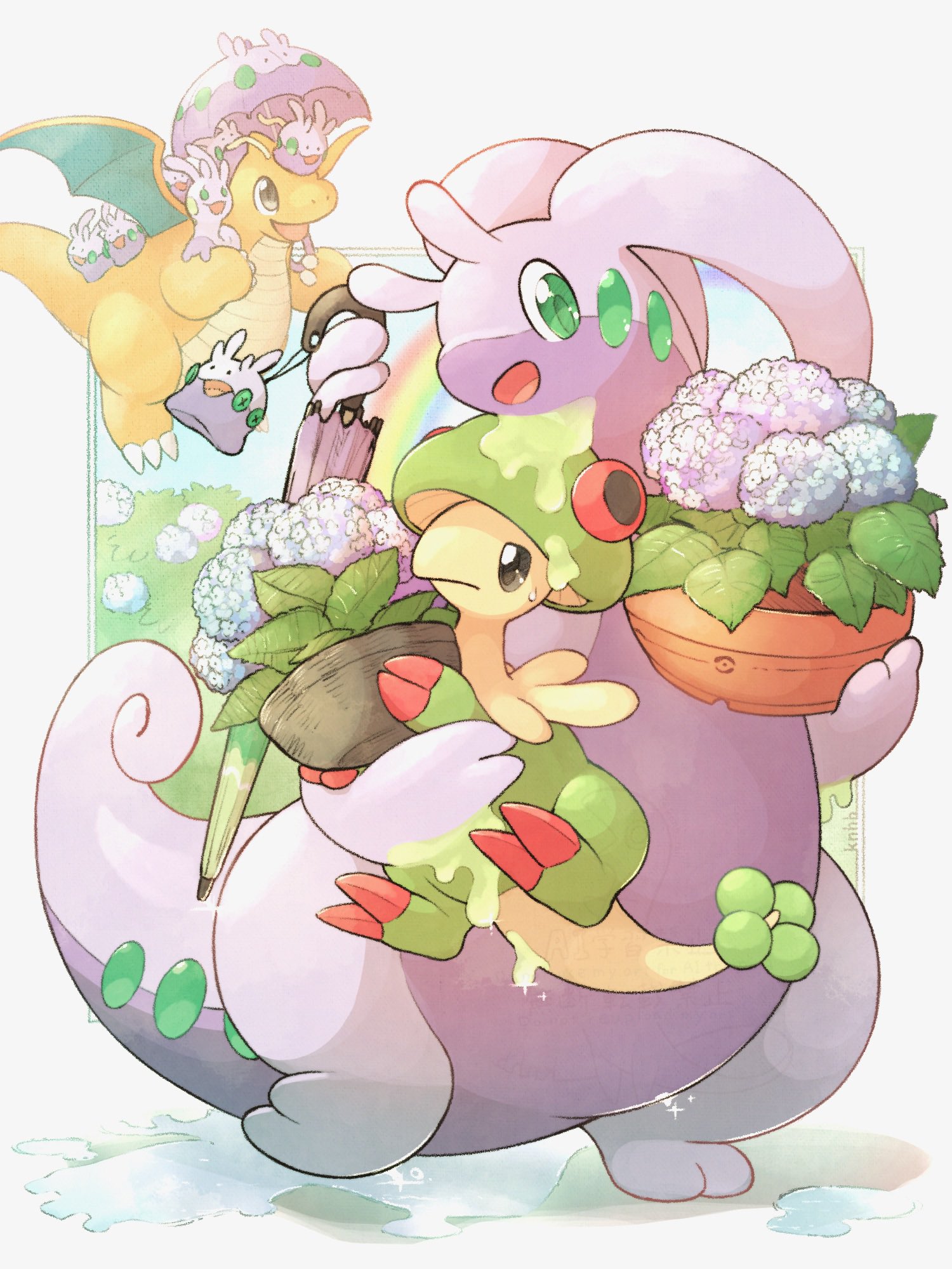 animal_focus breloom commentary_request dragon dragonite evolutionary_line flower_pot flying gen_1_pokemon gen_3_pokemon gen_6_pokemon goodra goomy green_eyes green_pupils highres holding holding_flower_pot holding_umbrella knhb_tail nintendo no_humans open_mouth pokemon pokemon_(creature) sliggoo smile sparkle standing tail umbrella