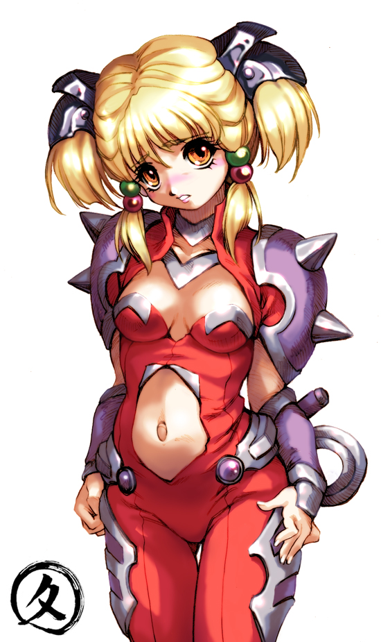 1girl armor banpresto blonde_hair blush breasts collarbone cosplay female_focus hair_bobbles hair_ornament hisahiko irui_guneden midriff navel orange_eyes quad_tails selena_recital selena_recital_(cosplay) simple_background solo spikes super_robot_wars thigh_gap